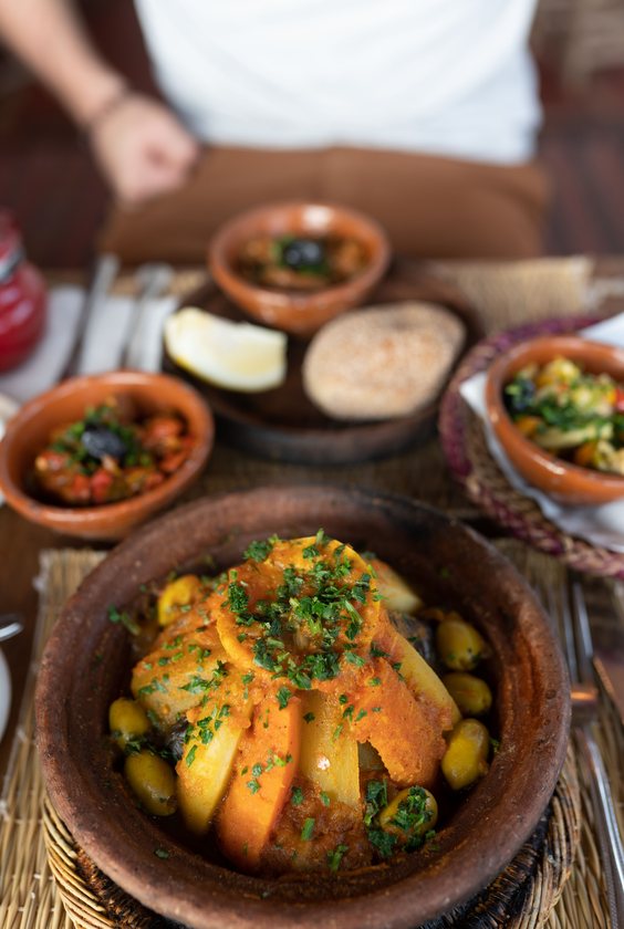 Tagine and Moroccan specialities served on a terrace
