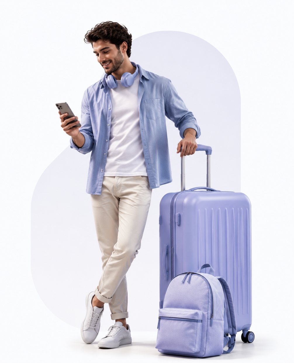 Smiling traveller with a suitcase and backpack, checking his phone